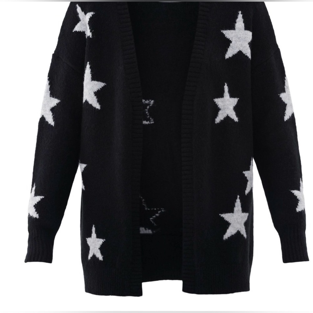 Women’s Long Black Jacquard Knit Cardigan Sweater With White Stars Size Medium